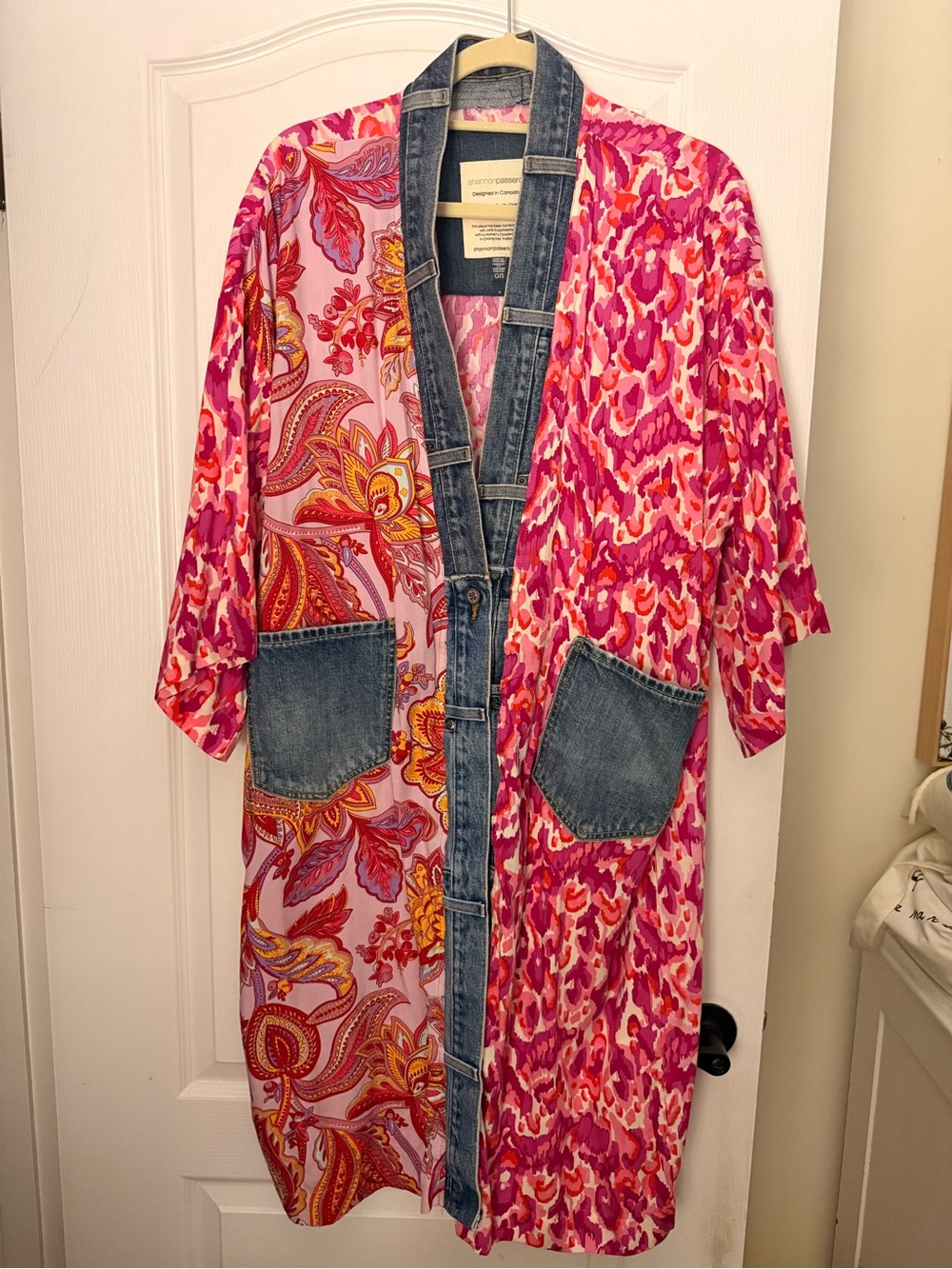 Mixed Pink Paisley & Abstract Denim-Trim Kimono Jacket